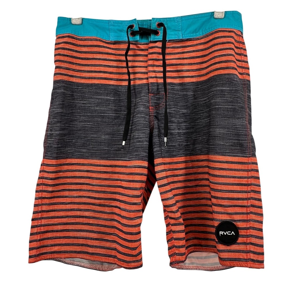 RVCA Board Shorts Mens 30 Orange Black Teal Striped Surf Swim‎ Beach Coastal